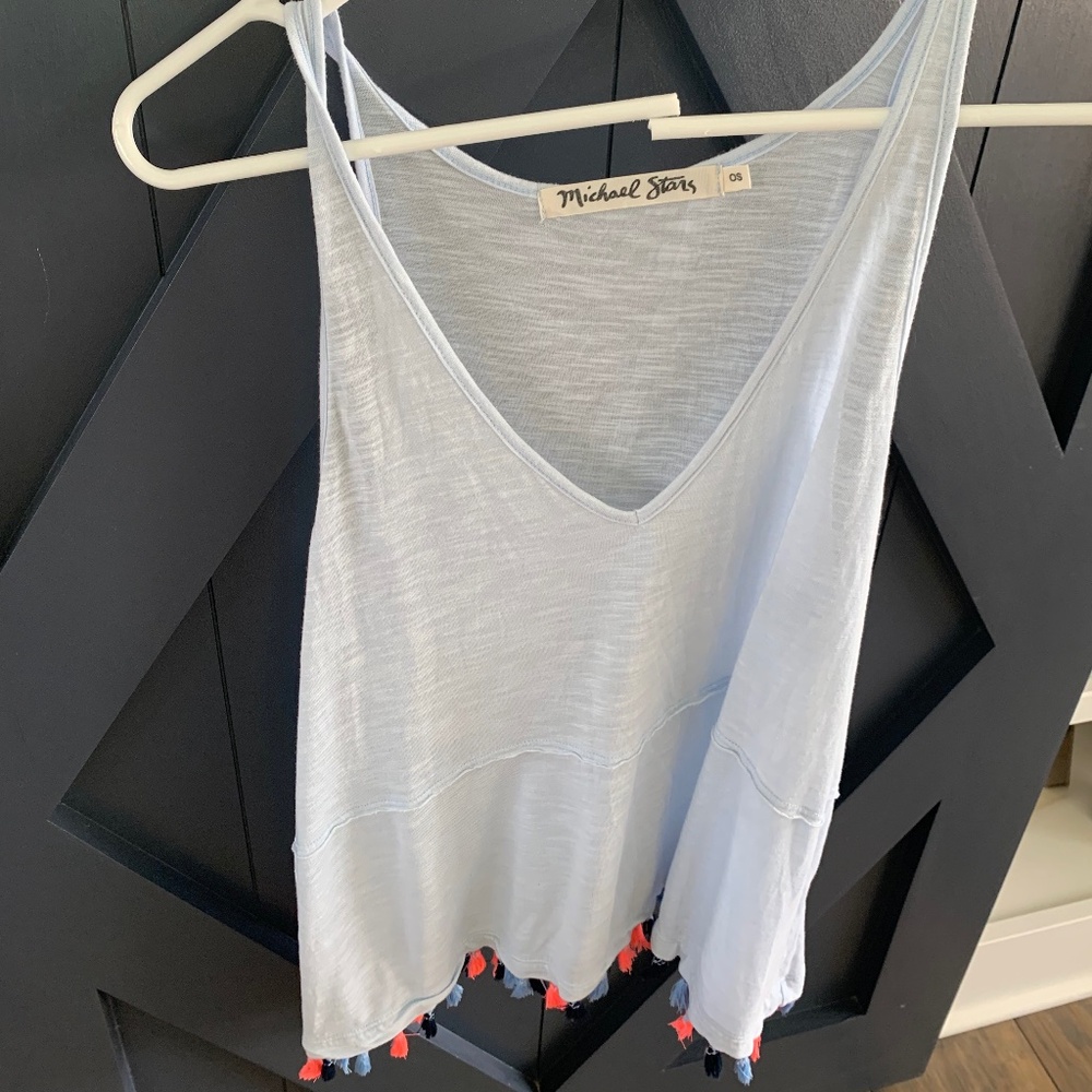 Michael Stars Light Blue Tank Top with Multi-color Tassel Detail